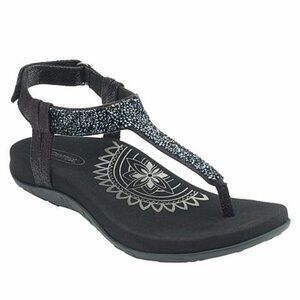 NEW Aetrex Women Jade Black Metallic Rhinestone Embellished Thong Sandal